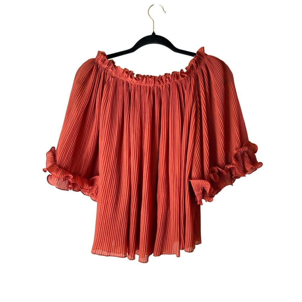 Vivid pleated short wide ruffled leeve blouse so L rust color neck long office c
